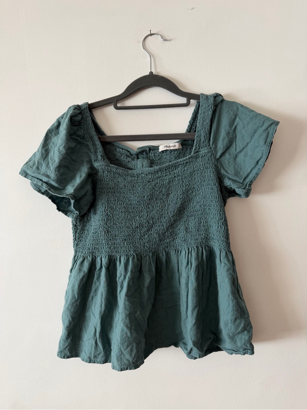 Madewell Teal Smocked Square-Neck Peplum Top